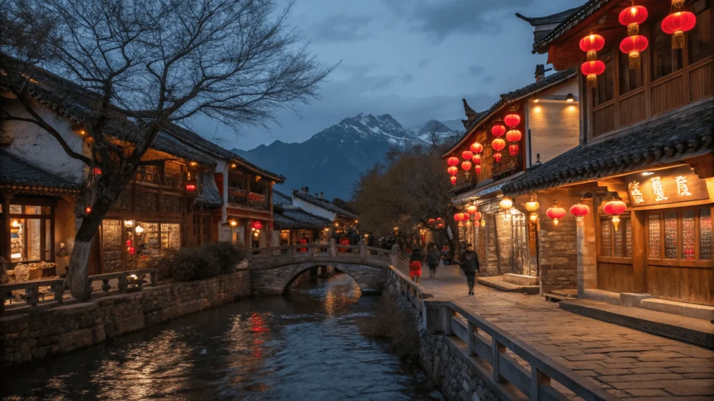 Night scene in Lijiang Old Town showing illuminated traditional wooden buildings along water canals with stone bridges, red lanterns reflecting in the water, and Jade Dragon Snow Mountain visible in the moonlit background.