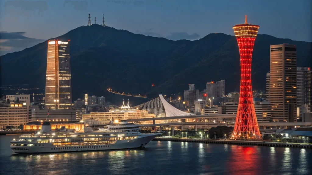 Nighttime panorama of Kobe Harborland with illuminated red Port Tower, cruise ships, Akashi Kaikyo Bridge in distance, and city lights cascading down the mountainside