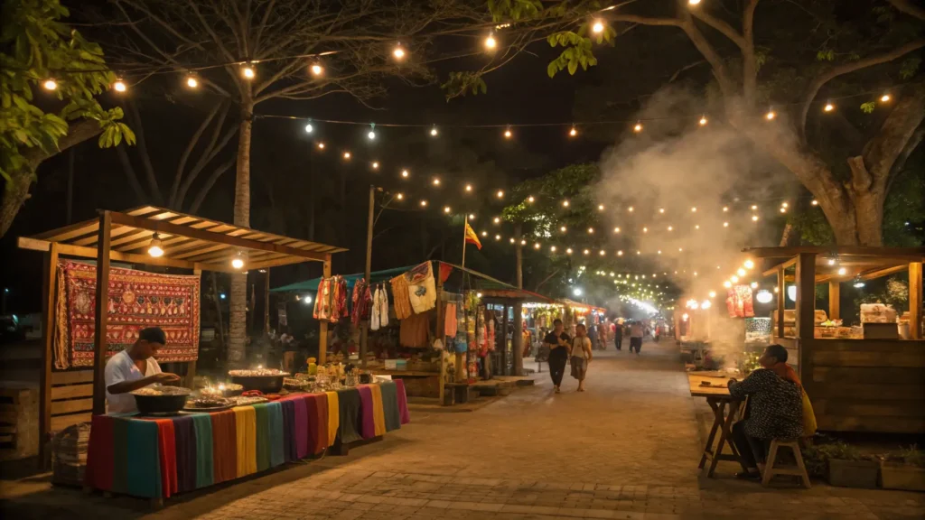 Vibrant night market in Tamarindo with artisan craft stalls, local food vendors, and live music under string lights