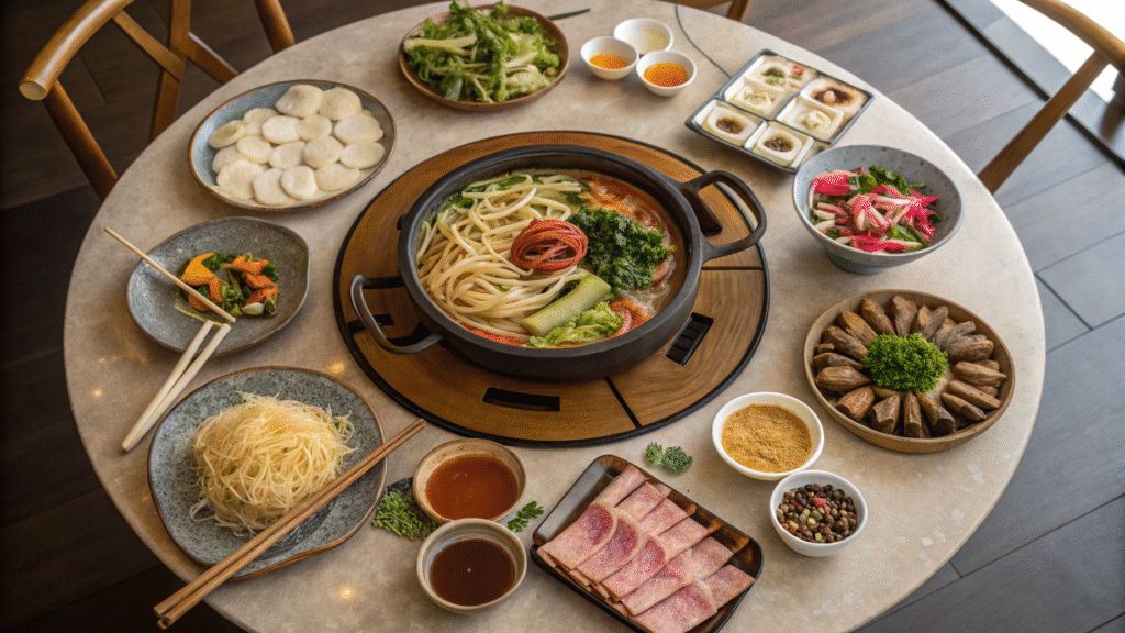 Overhead view of traditional Yunnan feast with dishes arranged on round table including crossing-the-bridge noodles, wild mushroom hotpot, ham slices, rice cakes, flatbread, flower salad, and Pu'er tea cups.