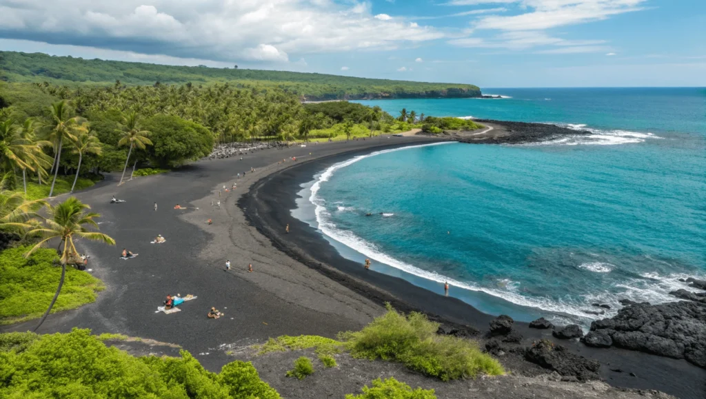 Panoramic view of crescent-shaped 49 Black Sand Beach with black volcanic sand and turquoise water