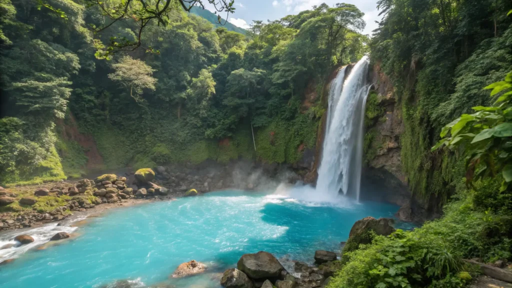 Rio Celeste waterfall with its striking electric-blue waters cascading into a turquoise pool surrounded by lush rainforest