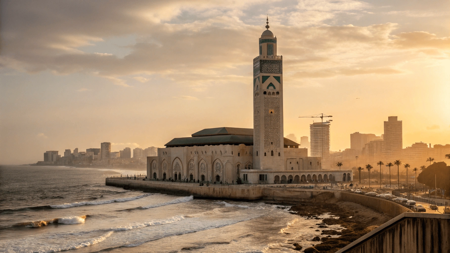Panoramic sunset view of Casablanca with Hassan II Mosque overlooking the Atlantic Ocean and modern city skyline in the background