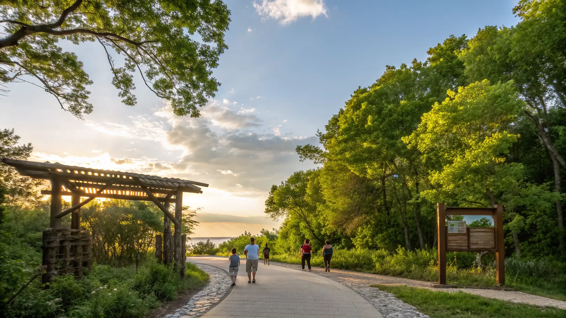 Entrance to Green Bay Bay Beach Wildlife Sanctuary featuring wooden welcome sign, nature paths, and lush greenery.