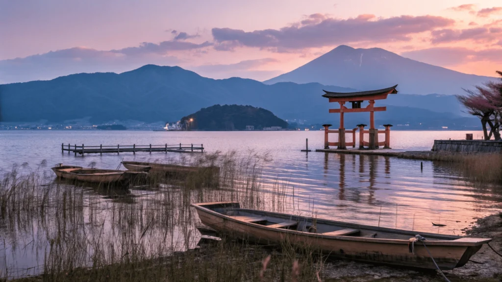 Panoramic view of Lake Biwa at sunset with Mount Hiei in background, traditional fishing boats, and a floating torii gate