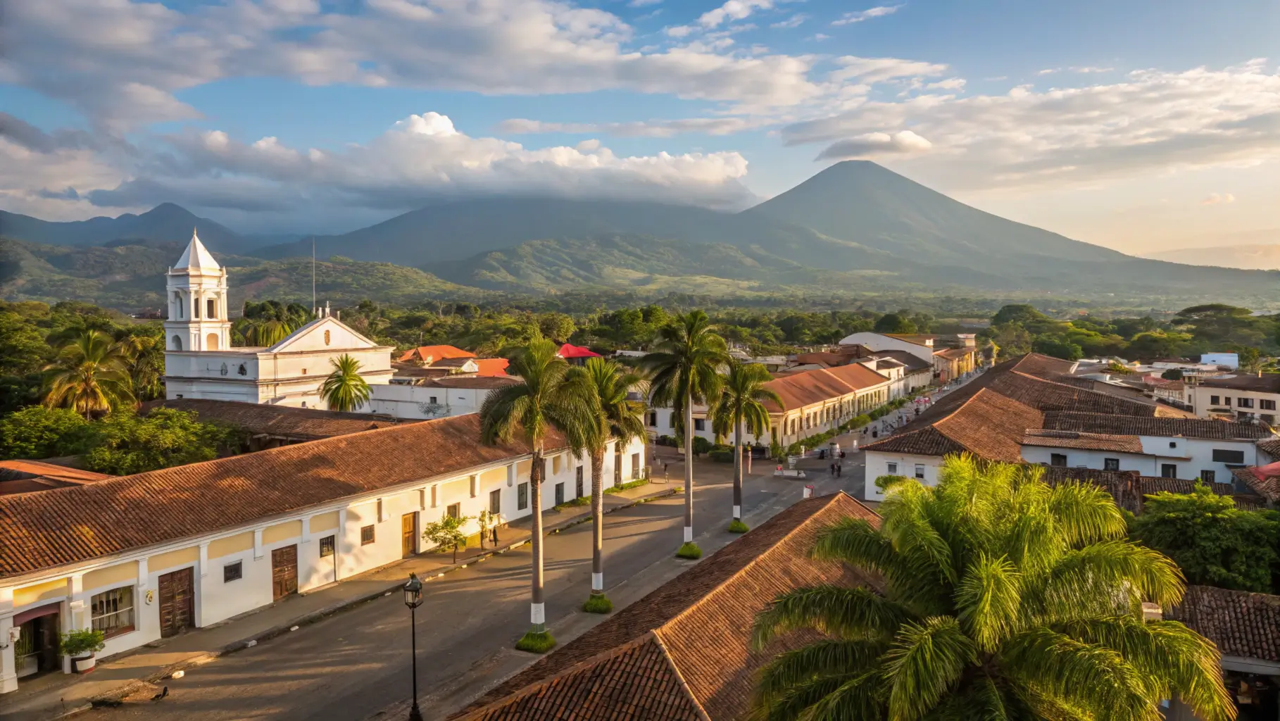 Panoramic view of Liberia, Costa Rica showing white colonial buildings in the foreground with the Rincón de la Vieja volcano rising majestically in the background under blue skies