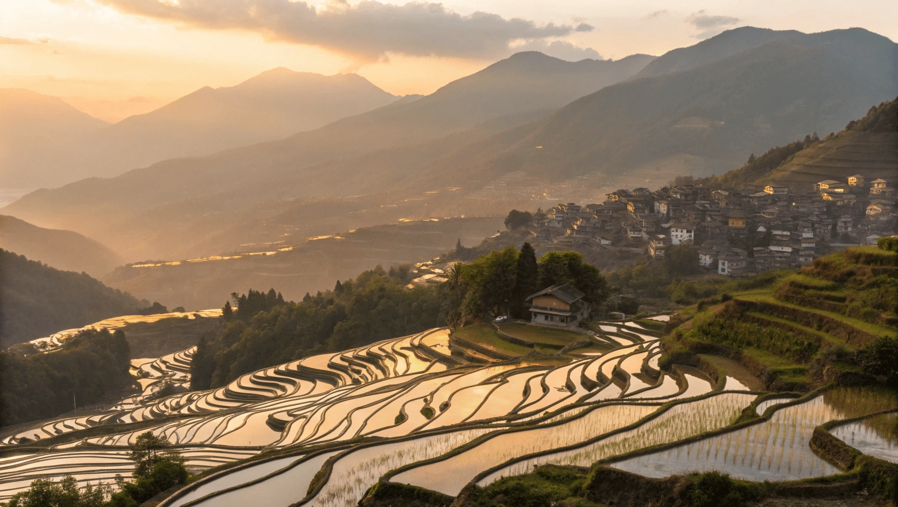 Panoramic view of water-filled Yuanyang rice terraces reflecting golden sunset light with traditional Hani villages nestled among the mountainside.