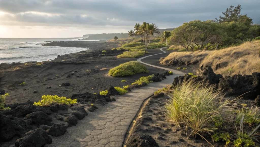 Small public parking lot with 12 marked spaces for 49 Black Sand Beach visitors