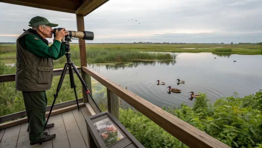 Bird watchers using binoculars and spotting scope to observe waterfowl from an observation platform at Bay Beach Wildlife Sanctuary.