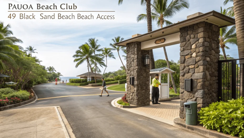 Security gate entrance to 49 Black Sand Beach at Pauoa Beach Club with guard checking in visitors