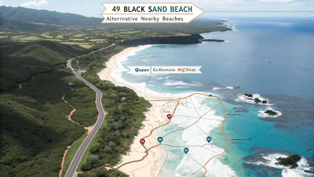 Map showing 49 Black Sand Beach and five nearby alternative beaches on Hawaii's Kohala Coast