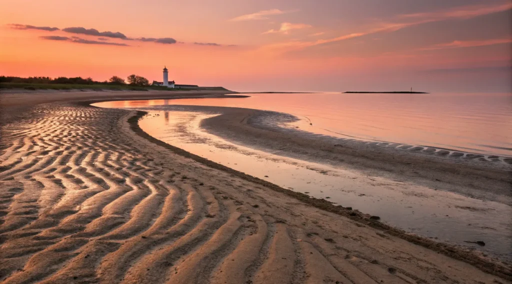 Stunning sunset landscape of Old Silver Beach with golden light illuminating the shoreline, reflecting in tide pools, and silhouetting Cleveland Ledge Lighthouse