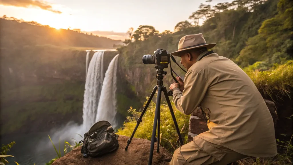 Professional photographer using DSLR with tripod and filters to capture Wailua Falls with silky water effect