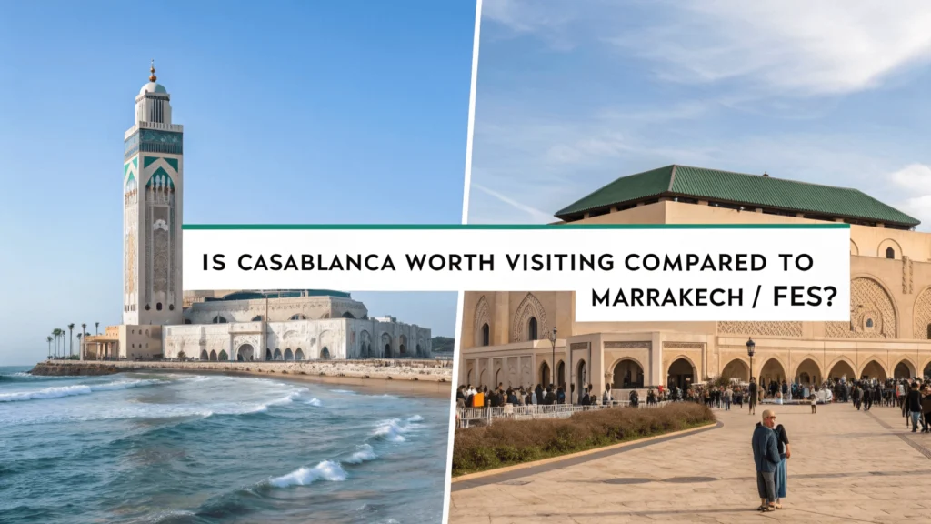 Comparison image showing Casablanca's unique features versus traditional elements of Marrakech and Fes, with visual explanations of their complementary tourism value
