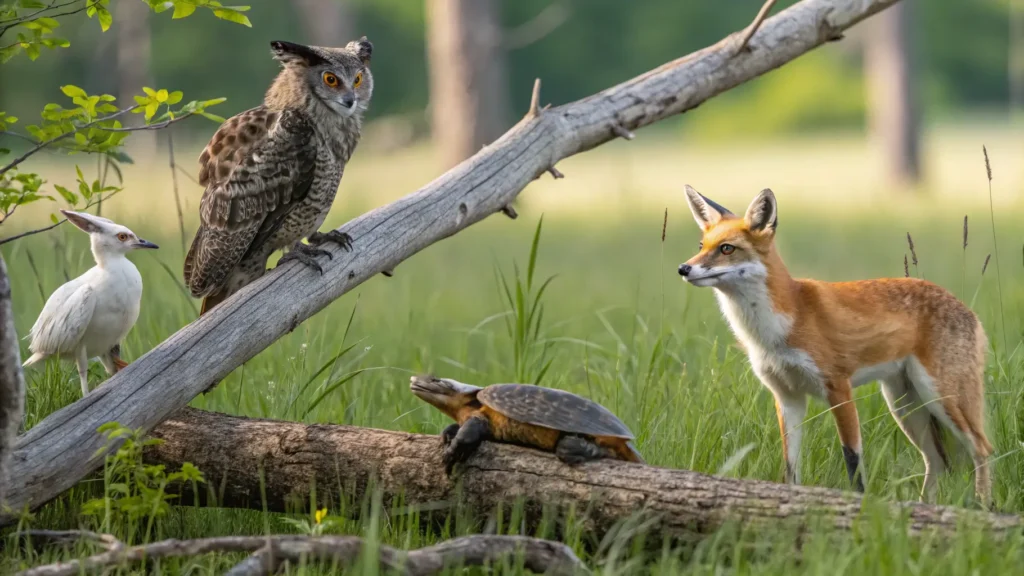 Native Wisconsin wildlife including great horned owl, red fox, painted turtle, and white-tailed deer at Green Bay Wildlife Sanctuary.