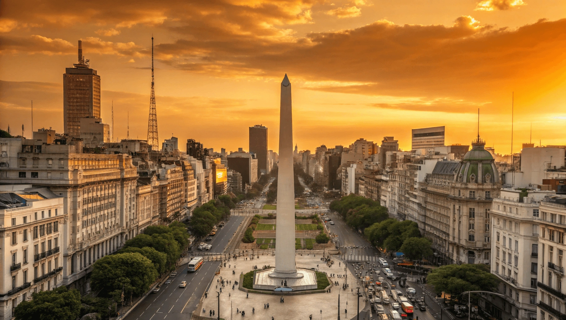 Panoramic view of Buenos Aires skyline at sunset featuring the Obelisco monument and blend of historic and modern architecture