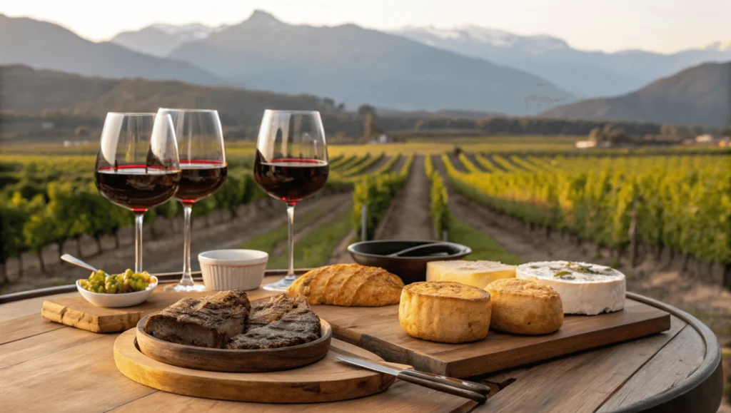Wine tasting table in Mendoza vineyard setting featuring glasses of Malbec, Argentine cheeses, grilled steak, empanadas, and chimichurri sauce