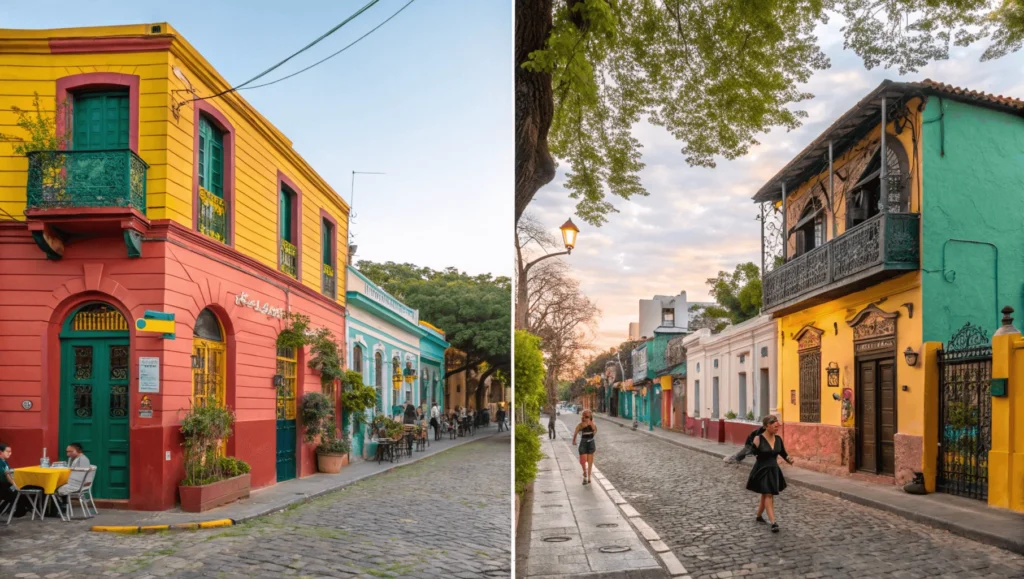 Collage of Buenos Aires neighborhoods showing colorful La Boca houses, Recoleta mansions, trendy Palermo cafés, and cobblestone streets of San Telmo