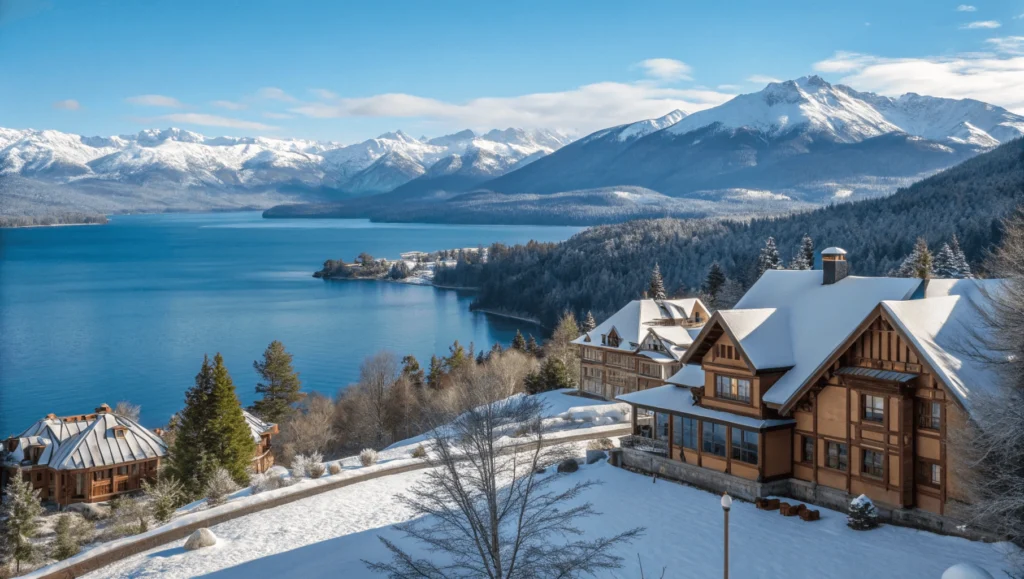 Winter view of Bariloche showing Alpine-style buildings along Nahuel Huapi Lake with snow-capped Andean peaks and artisanal chocolate shop