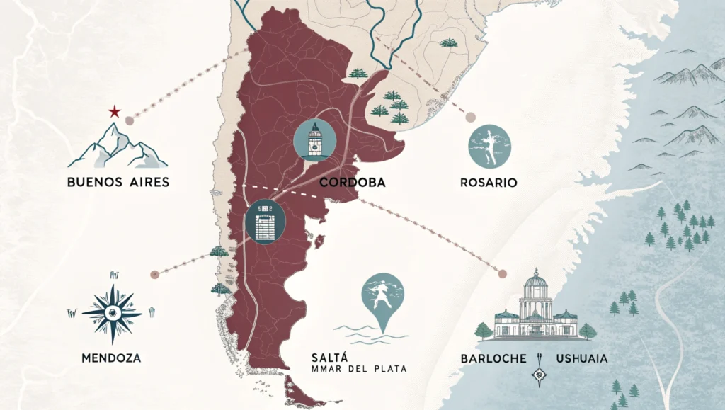 Stylized map of Argentina highlighting major cities with icons representing key features of each location across different geographical regions