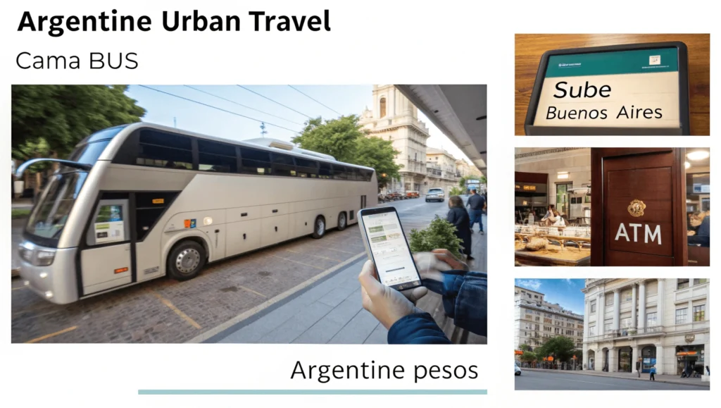 Travel essentials collage showing Argentine luxury bus interior, ATM dispensing pesos, bilingual menu, SUBE transit card, and translation app on smartphone
