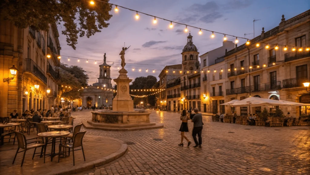 Evening plaza scene in an Argentine city with historic buildings, tango dancers under string lights, outdoor café tables, and central fountain