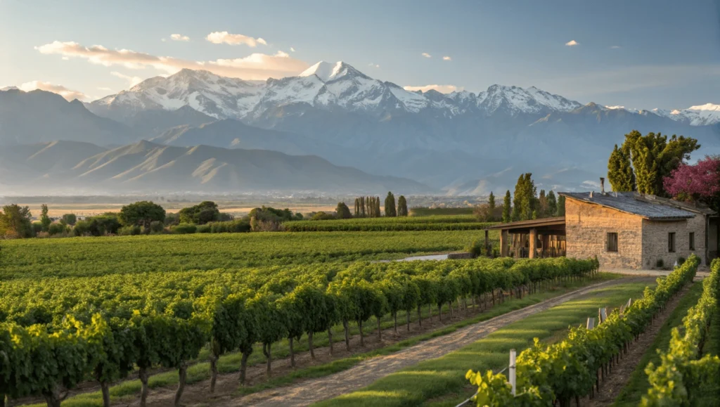 Malbec vineyard in Mendoza with rows of grapevines extending toward snow-capped Andes Mountains and small stone winery building