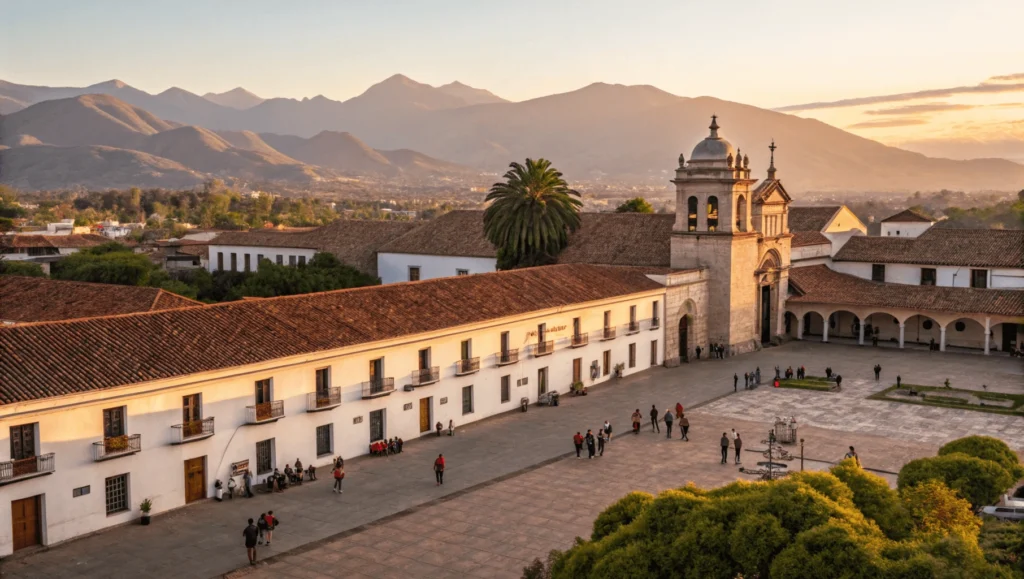 Historic Jesuit Block in Córdoba with colonial architecture, university students gathering in plaza, and Sierras mountains in background