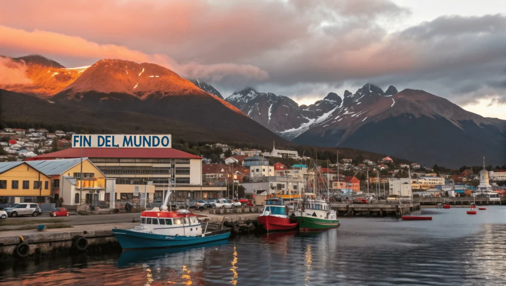 Ushuaia harbor at dawn showing colorful buildings between mountains and Beagle Channel with fishing boats and expedition vessels
