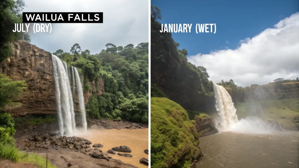Wailua Falls seasonal comparison showing dry season versus rainy season water flow and conditions