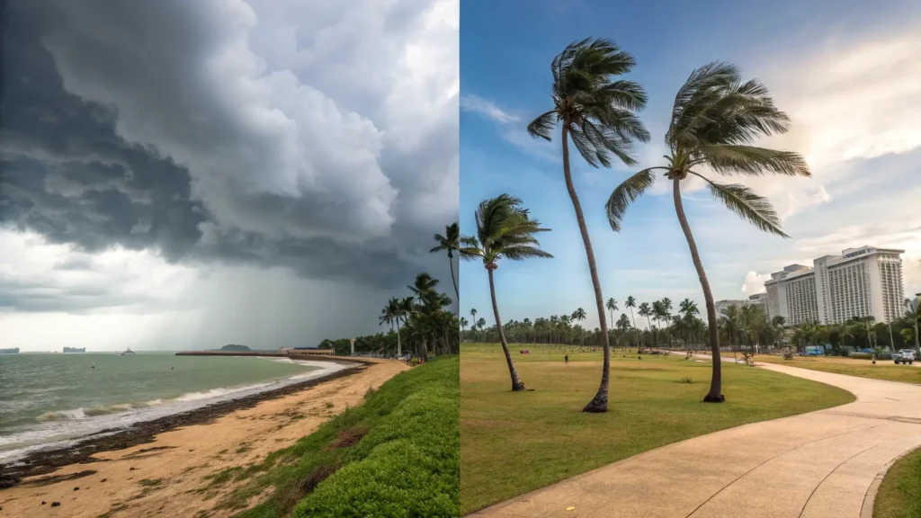 Contrasting weather patterns showing monsoon conditions in Malaysia versus clearer conditions in Singapore.