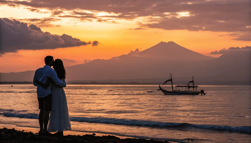 Silhouette of embracing couple watching sunset from Bali beach with traditional jukung fishing boat on horizon and Mount Agung volcano outline in distance against dramatic orange and purple sky.