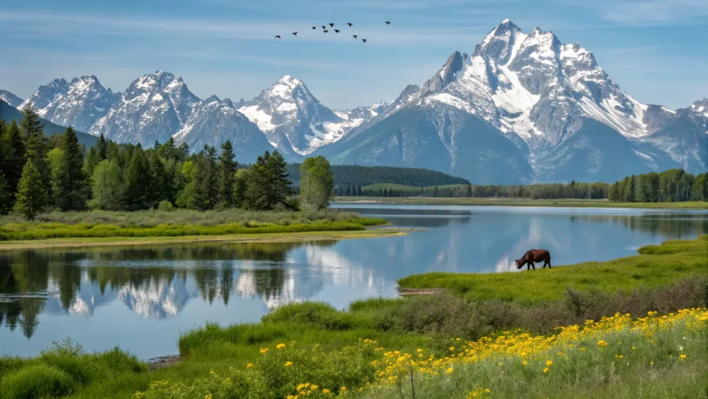 Wildlife in bloom with snow-covered Grand Tetons in the background.