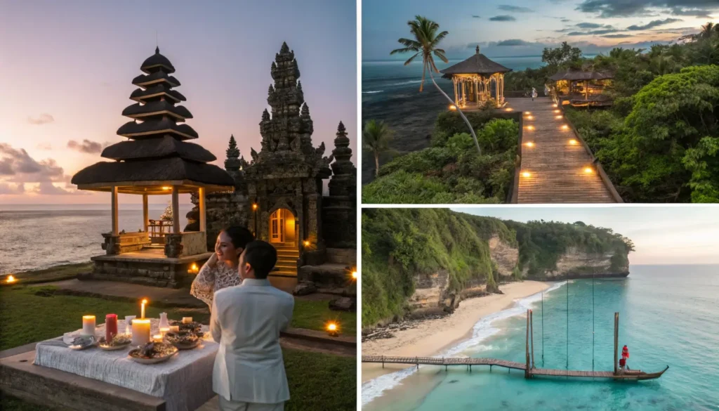 Four-panel image showing key Bali honeymoon experiences: temple blessing ceremony, private beach dinner, jungle swing adventure, and overwater bungalow.