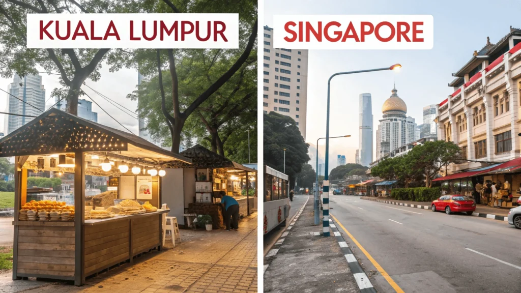  Comparison between budget accommodation and food options in Malaysia and Singapore showing price differences.