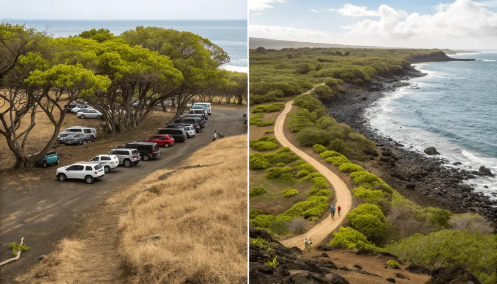 Split image showing the small parking area under kiawe trees and the natural dirt path leading from parking to 49 Black Sand Beach, illustrating the complete access route.
