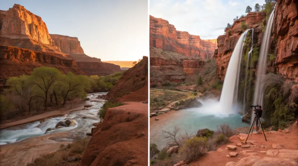 Split-screen comparison of Red Dirt Waterfall at morning golden hour versus harsh midday light, with a photographer using a tripod in the morning scene.