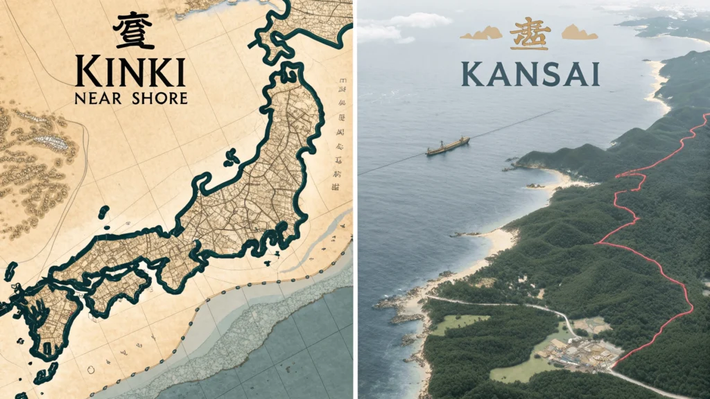 Split-screen comparison of traditional Japanese map showing Kinki region with modern transit map labeled Kansai showing the same geographical area