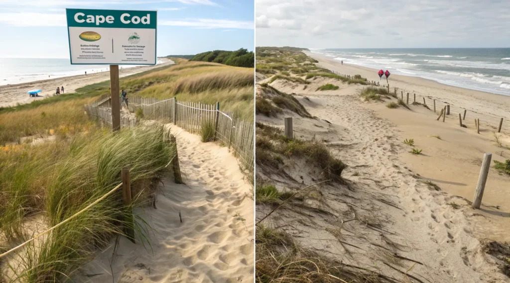 Comparison of healthy protected sand dunes versus damaged dunes showing the importance of conservation at Cape Cod beaches