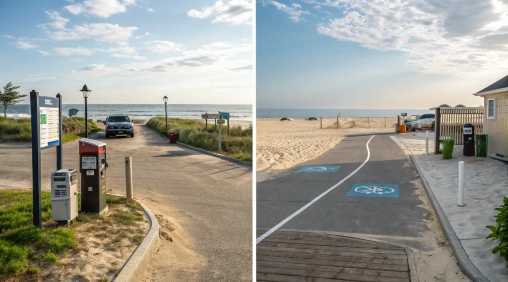 Split view of Old Silver Beach parking areas showing resident and non-resident lots with payment stations and beach access paths