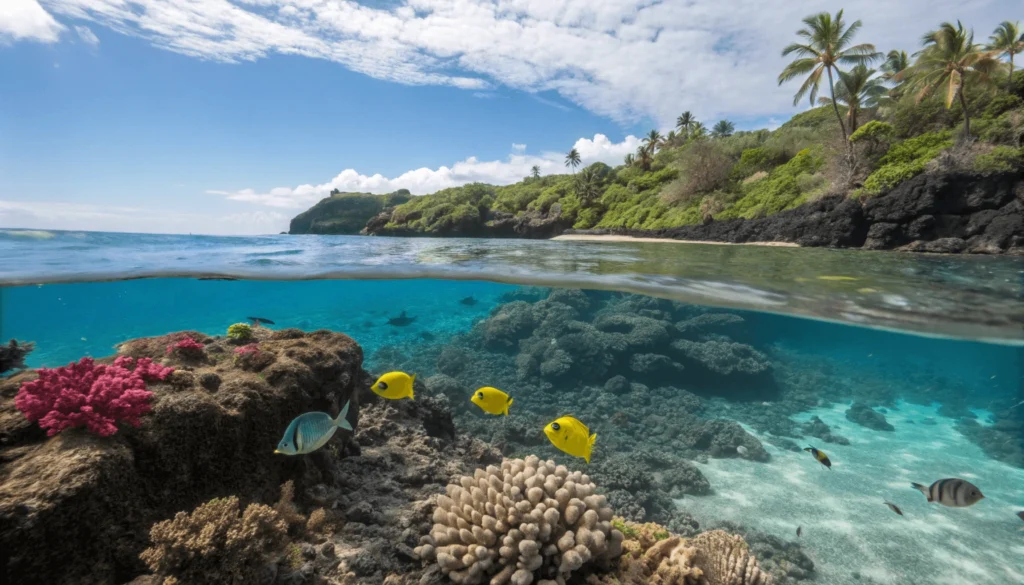 Split underwater/above water photograph showing vibrant coral reef and colorful fish below the surface at 49 Black Sand Beach, with the black sand shoreline visible above water, demonstrating the exceptional snorkeling conditions.
