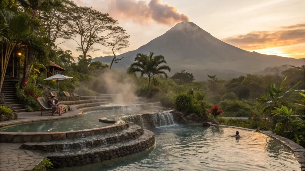 Natural hot springs with tiered pools surrounded by tropical gardens with Arenal Volcano at sunset
