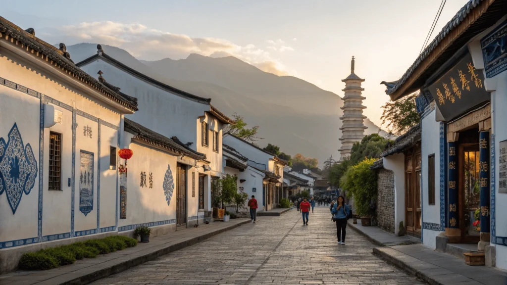 Cobblestone street in Dali Ancient Town with traditional white Bai architecture featuring blue decorative patterns, the Three Pagodas visible in the distance, and Cangshan Mountain as backdrop during golden hour lighting.