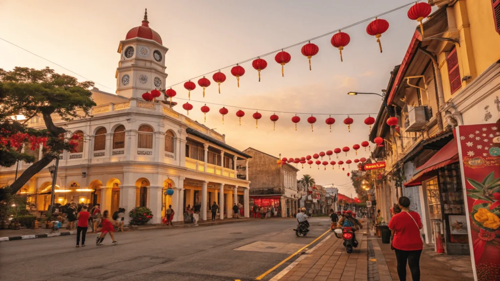  George Town heritage district during Chinese New Year celebrations with decorated buildings and cultural performances.