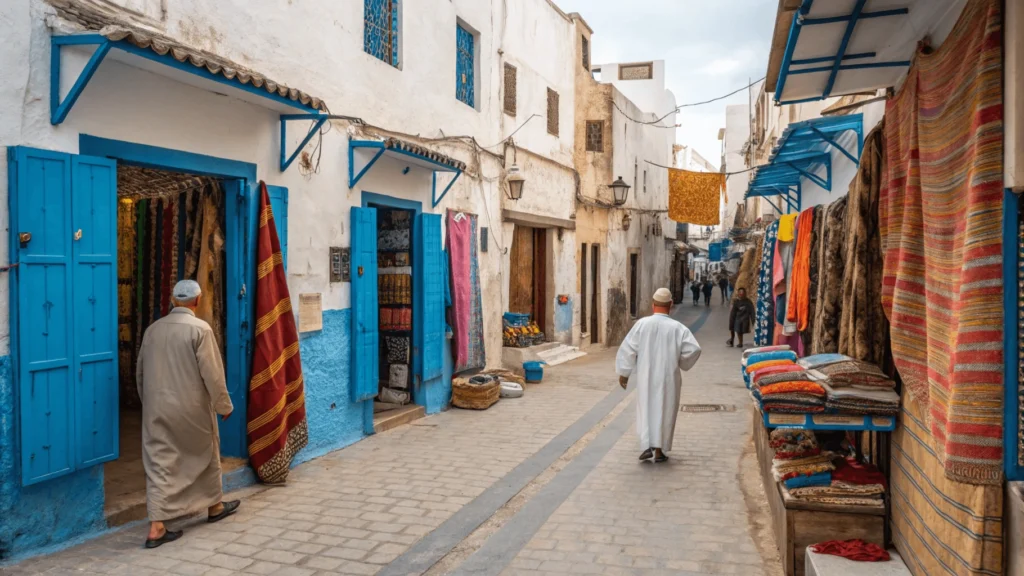 Authentic street scene in Casablanca's Old Medina showing narrow alleyways, local shopkeepers, traditional architecture, and everyday Moroccan life