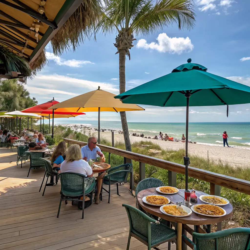 An inviting outdoor dining area at a beachside restaurant near Stuart Beach, with patrons enjoying seafood and ocean views.