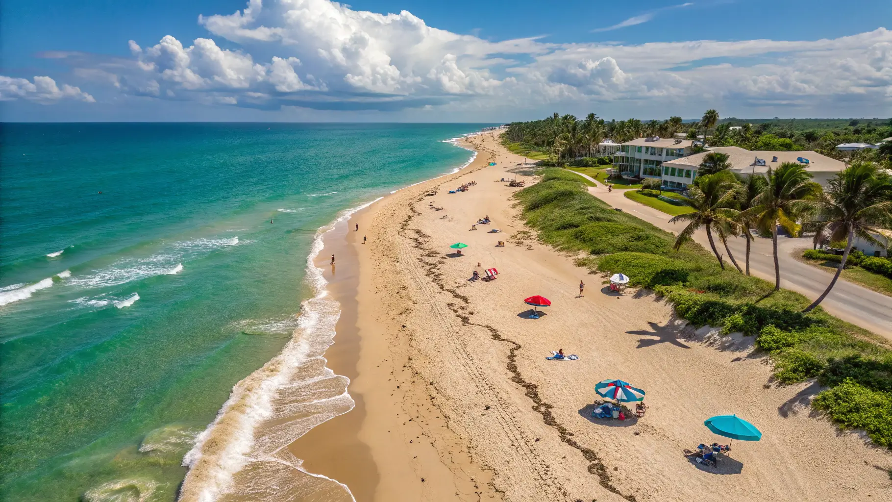 A picturesque scene of Stuart Beach, Florida, featuring golden sands, clear blue waters, and beachgoers relaxing under colorful umbrellas.