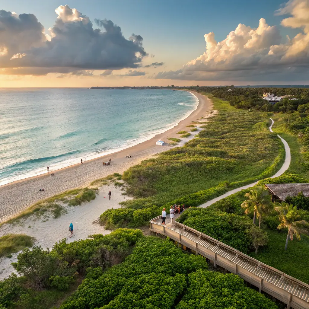 A panoramic view of Stuart Beach, showcasing its beautiful shoreline and lush surroundings, with pathways leading to the beach.