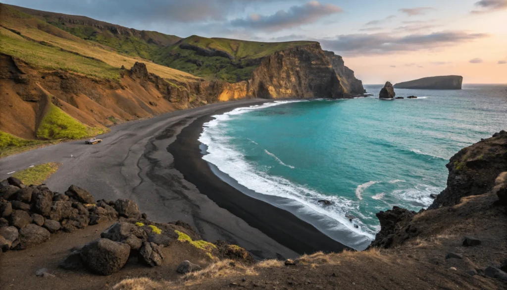 Stunning landscape photograph of 49 Black Sand Beach showing black sand in foreground, curved shoreline with lava rock formations, and vibrant blue-green water creating dramatic natural contrast during golden hour.
