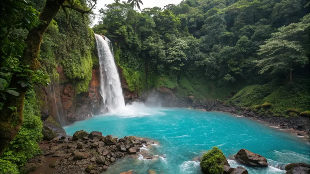 Rio Celeste waterfall with striking bright blue water surrounded by lush rainforest in Tenorio Volcano National Park